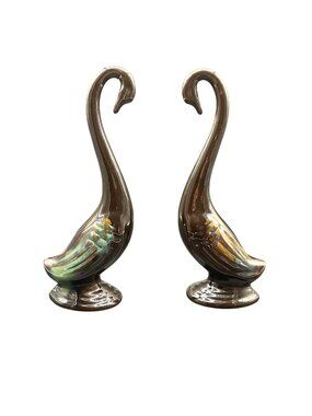 Vtg MCM Drip Glaze Ceramic Swan Sculptures By A Price Import Japan 9.5"H